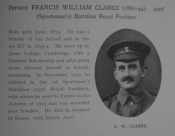 Clarke F W Pte 23rd Royal Fusiliers Obit Dulwich College Roll Of Honour