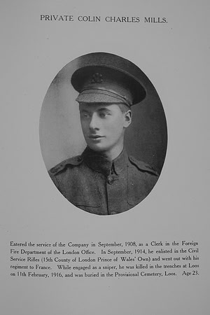 Mills C C Pte 2896 15th London Regiment Northern Assurance Co War Record