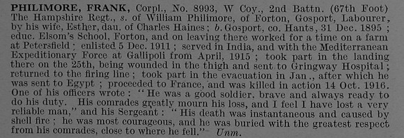 Philimore F Cpl 8993 2nd Hampshire Regiment Obit De Ruvignys Roll Of Honour Vol 4