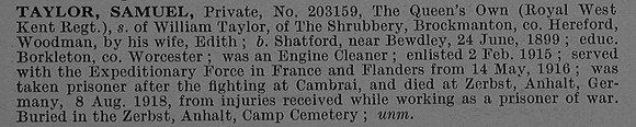 Taylor S Pte 203159 7th Queen's Own (Royal West Kent Regiment) Obit De Ruvignys Roll Of Honour Vol 4