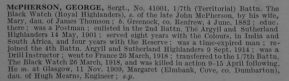 McPherson G Sergt 41001 7th Black Watch Obit De Ruvignys Roll Of Honour Vol 4