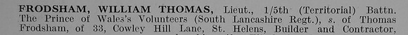 Frodsham W T Lt 5th South Lancs Regiment Obit Part 1 De  Ruvignys Roll Of Honour Vol 3