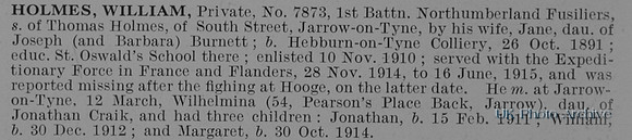 Holmes W Pte 7873 1st Northumberland Fusiliers Obit
