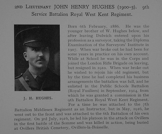 Hughes J H 2nd Lt 9th Royal West Kent Regiment Obit Dulwich College Roll Of Honour