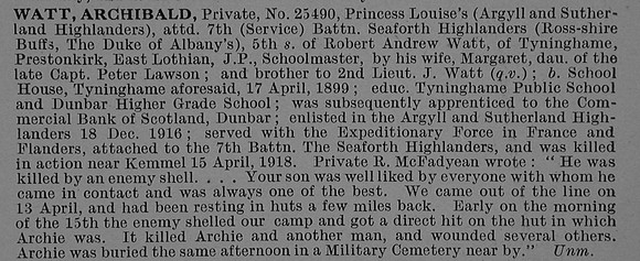Watt A Pte 25490 Argyll & Sutherland Highlanders Obit De Ruvignys Roll Of Honour Vol 4