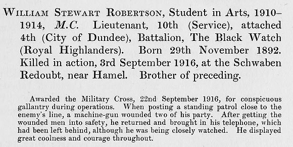 Robertson W S Lt MC 10th Black Watch Obit St Andrews University Roll Of Honour