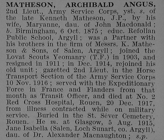 Matheson A A 2nd Lt Army Service Corps Obit De Ruvignys Roll Of Honour Vol 5