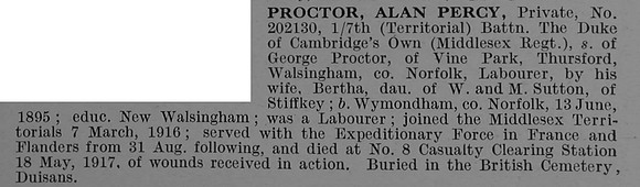 Proctor A P Pte 202130 7th Middlesex Regiment Obit De Ruvignys Roll Of Honour Vol 4