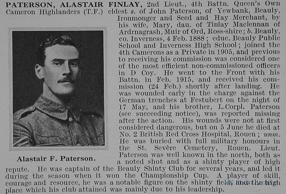 Paterson A F 2nd Lt 4th Cameron Highlanders Obit De Ruvignys Roll Of Honour Vol 1