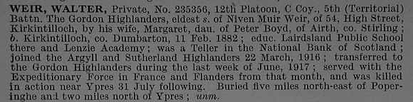 Weir W Pte 235356 5th Gordon Highlanders Obit De Ruvignys Roll Of Honour Vol 4