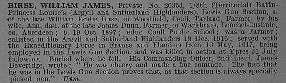 Birse W J Pte 20354 8th Argyll & Sutherland Highlanders Obit De Ruvignys Roll Of Honour Vol 4