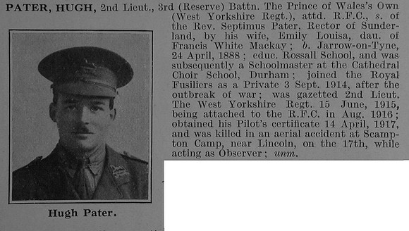 Pater H 2nd Lt 3rd West Yorkshire Regiment Attd Royal Flying Corps Obit De Ruvignys Roll Of Honour Vol 3
