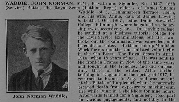 Waddie J N Pte MM 40427 16th Royal Scots Obit Part 1 De Ruvignys Roll Of Honour Vol 4