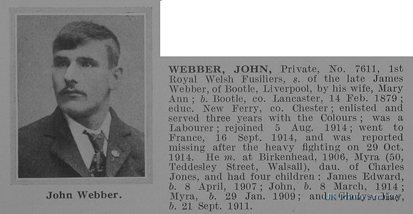 Webber J Pte 7611 1st Royal Welsh Fusiliers Obit De Ruvignys Roll Of Honour Vol 1