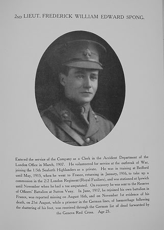 Spong F W E 2nd Lt 2nd Royal Fusiliers Northern Assurance Co War Record
