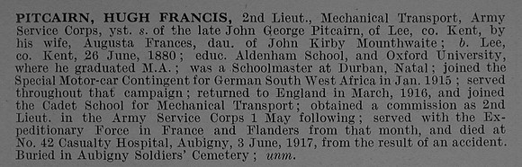 Pitcairn H F 2nd Lt Army Service Corps Obit De Ruvignys Roll Of Honour Vol 4