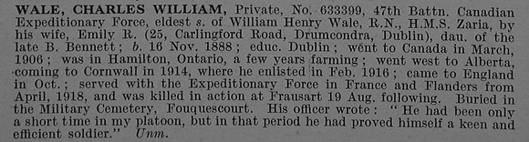 Wale C W Pte 633399 47th Canadian Infantry (Western Ontario Regiment) Obit De Ruvignys Roll Of Honour Vol 4