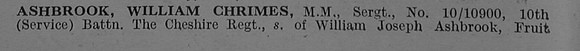 Ashbrook W C Sergt MM 10/10900 10th Cheshire Regiment Obit Part 1 De Ruvignys Roll Of Honour Vol 4
