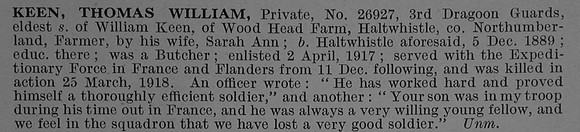 Keen T W Pte 26927 3rd Dragoon Guards Obit De Ruvignys Roll Of Honour Vol 4