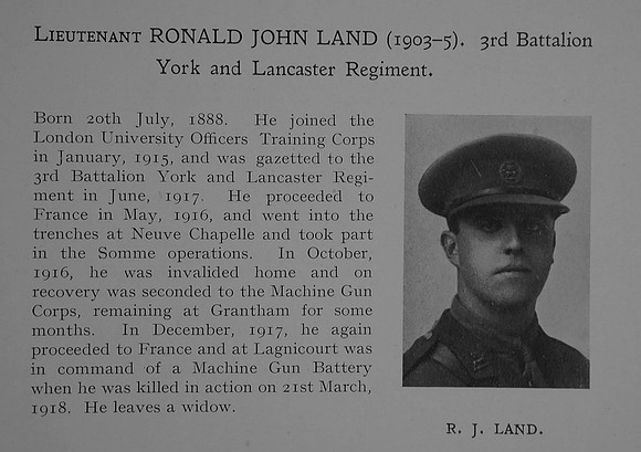 Land R J Lt 3rd York & Lancaster Regiment Attd Machine Gun Corps Obit Dulwich College Roll Of Honour