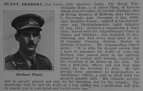 Plant H 2nd Lt 14th Royal Warwickshire Regiment Obit De Ruvignys Roll Of Honour Vol 3