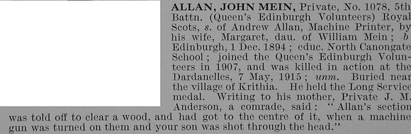 Allan J M Pte 1078 5th Royal Scots Obit