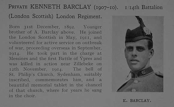 Barclay K Pte 14th London Regiment Obit Dulwich College Roll Of Honour