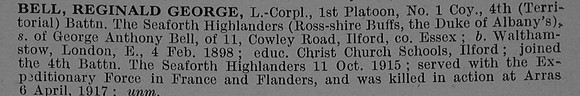 Bell R G L/Cpl 4th Seaforth Highlanders