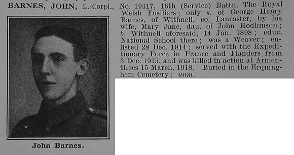 Barnes J L/Cpl 19417 16th Royal Welsh Fusiliers Obit De Ruvignys Roll Of Honour Vol 4