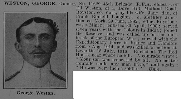 Weston G Gnr 11629 Royal Field Artillery Obit De Ruvignys Roll Of Honour Vol 3