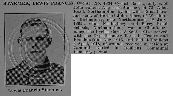Starmer L F Cyclist 4834 Army Cyclist Corps Obit De Ruvignys Roll Of Honour Vol 4