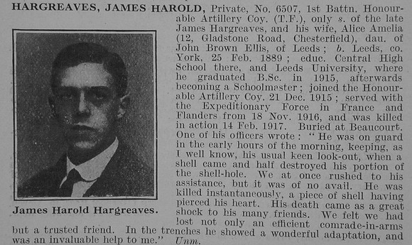 Hargreaves J H Pte 1st Honourable Artillery Company Obit De Ruvignys Roll Of Honour Vol 3