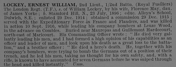 Lockey E W 2nd Lt 2nd London Regiment (Royal Fusiliers) Obit De Ruvignys Roll Of Honour Vol 4