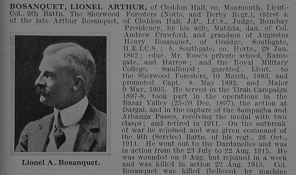 Bosanquet L A Lt Col 9th Notts & Derby Regiment Obituary Part 1 De Ruvignys Roll Of Honour Vol 1