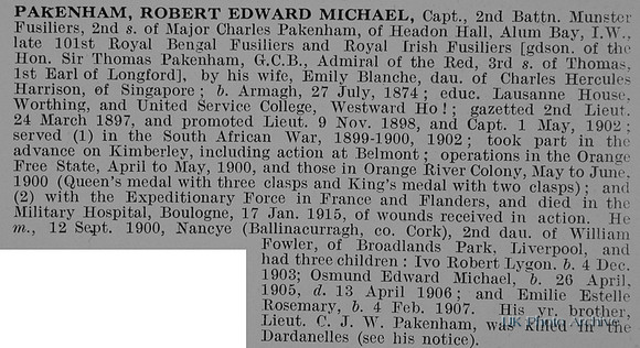 Pakenham R E M Captain 2nd Royal Munster Fusiliers Obit De Ruvignys Roll Of Honour Vol 1