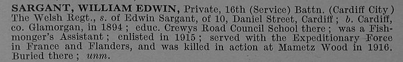 Sargant W E Pte 16th Welsh Regiment Short Obit De Ruvignys Roll Of Honour Vol 4