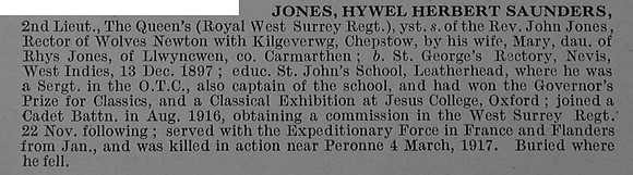 Jones H H S 2nd Lt 3rd Attd 1st The Queen's (Royal West Surrey Regiment) Obit De Ruvignys Roll Of Honour Vol 4
