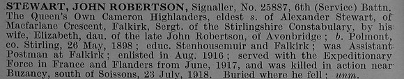 Stewart J R Sig 25887 6th Cameron Highlanders Obit De Ruvignys Roll Of Honour Vol 4