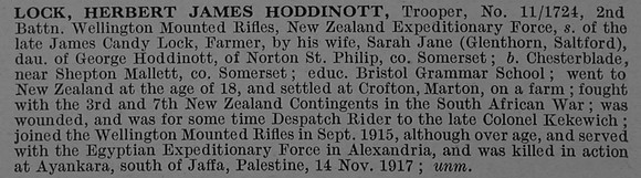 Lock H J H Tpr 11/1724 Wellington Mounted Rifles, N.Z.E.F. Obit De Ruvignys Roll Of Honour Vol 4
