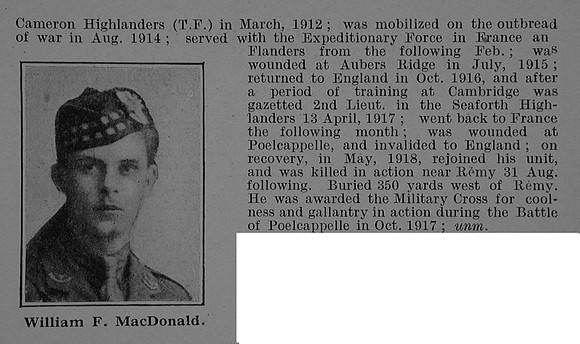 MacDonald W F 2nd Lt MC 2nd Seaforth Highlanders Obit Part 2 De Ruvignys Roll Of Honour Vol 5