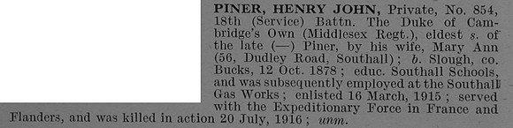 Piner H J Pte 854 18th Middlesex Regiment Obit De Ruvignys Roll Of Honour Vol 4