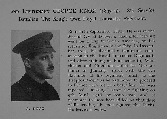 Knox G 2nd Lt 8th Kings Own Royal Lancaster Regiment Obit Dulwich College Roll Of Honour