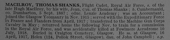 Macilroy T S Flight Cadet Royal Air Force Obit De Ruvignys Roll Of Honour Vol 4