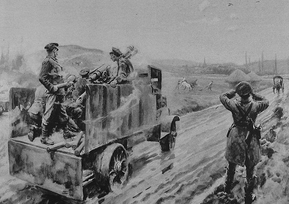 British Armoured Cars Shelling Enemy Aircraft Over A French Village Behind Our Lines