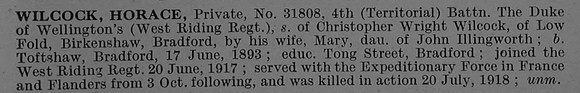 Wilcock H Pte 31808 4th West Riding Regiment Short Obit De Ruvignys Roll Of Honour Vol 4