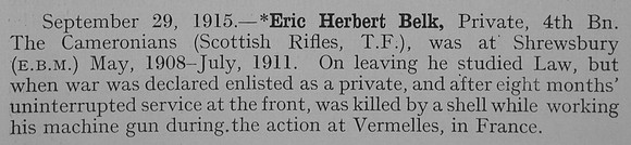 Belk E H Pte 2065 4th Cameronians Obit Shrewsbury School Roll Of Service