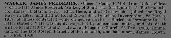 Walker J F Officers Cook 141402 HMS Iron Duke Royal Navy Obit De Ruvignys Roll Of Honour Vol 4