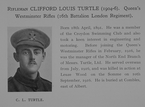 Turtle C L Rfn 16th London Regiment Obit Dulwich College Roll Of Honour