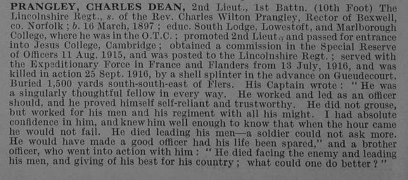 Prangley C D 2nd Lt 1st Lincolnshire Regiment Obit De Ruvignys Roll Of Honour Vol 4