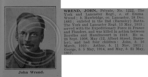 Wrend J Pte 1222 13th York and Lancaster Regiment Obit De Ruvignys Roll Of Honour Vol 4